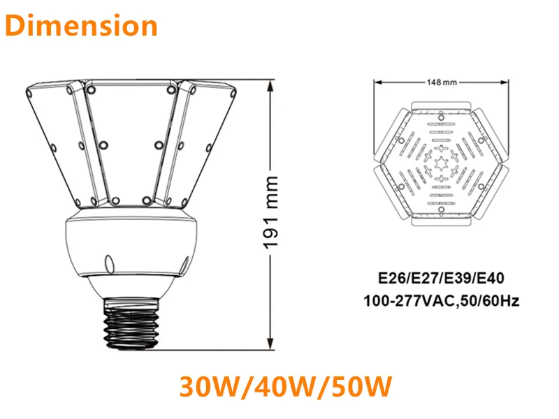 Топоч светодиодный модифицированный лампочка IP65 ULE CE 30W 40W 50W 120LM / W Mogul база 100-277 В HID замена CFL для садовых гаражных светильников