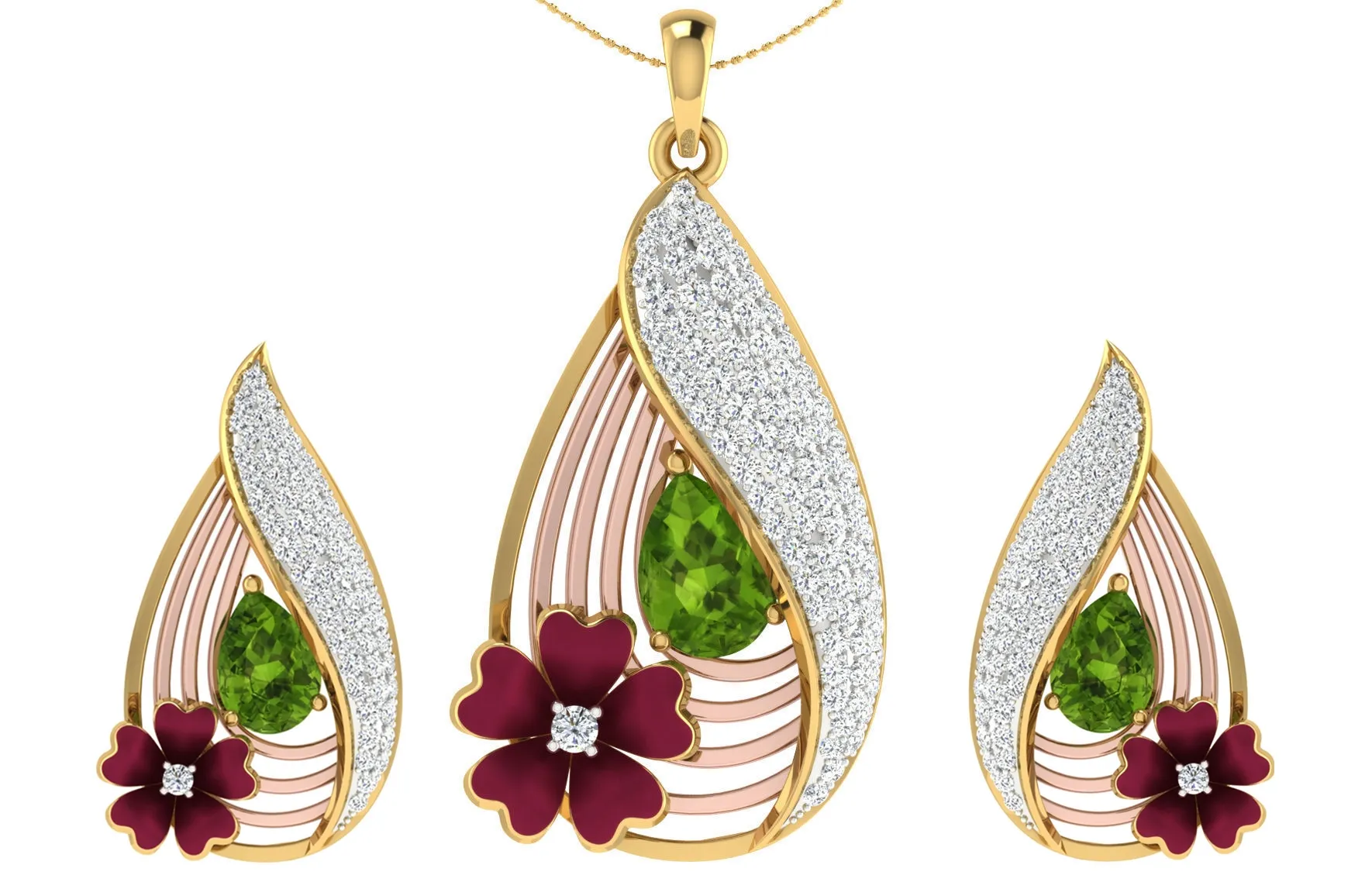 Elegante Frauen Natürliche Smaragd Halskette Ohrringe Set 18k Gold Diamant Blume Schmuck Braut Hochzeit Schmuck Set