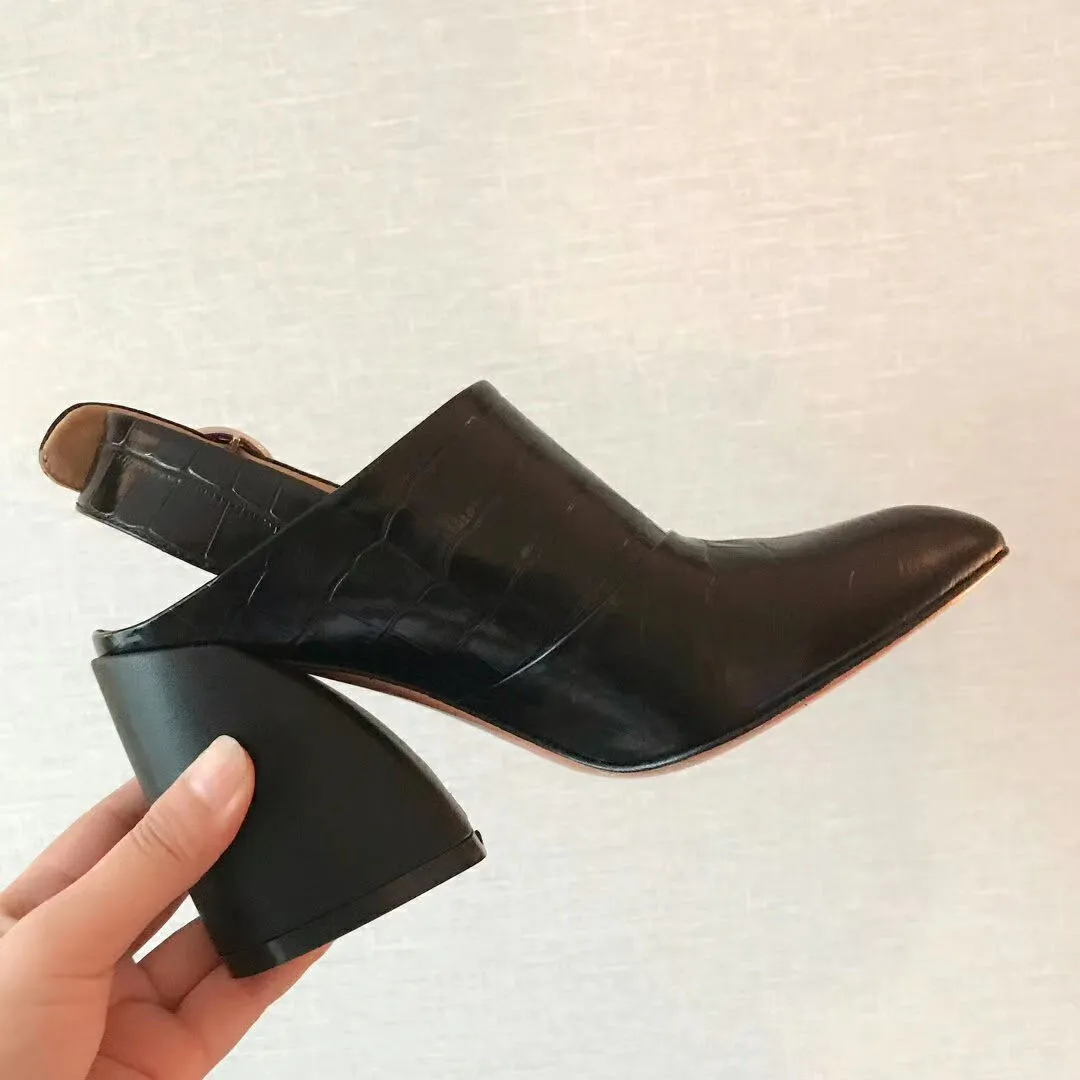 high quality~2020040801y 40 black white beige sling back chunky heels shoes 9cm calf skin fashion genuine leather