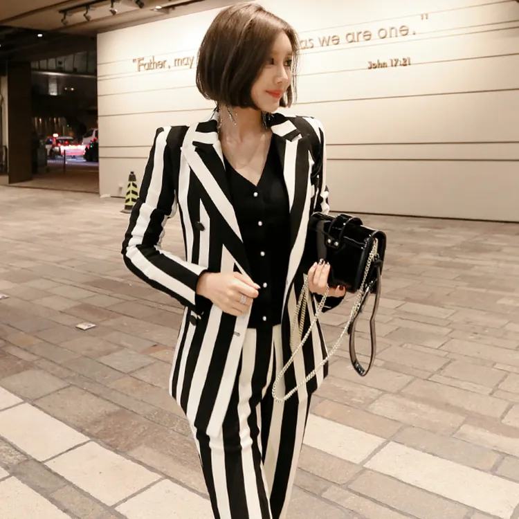 Women's black and white striped pants suit online