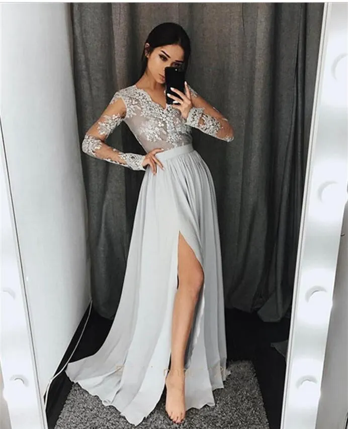 Silver Grey sheer Long Sleeves Prom Dresses Long V Neck Appliques Lace chiffon Formal Party Gowns With High Split Modest Evening gowns