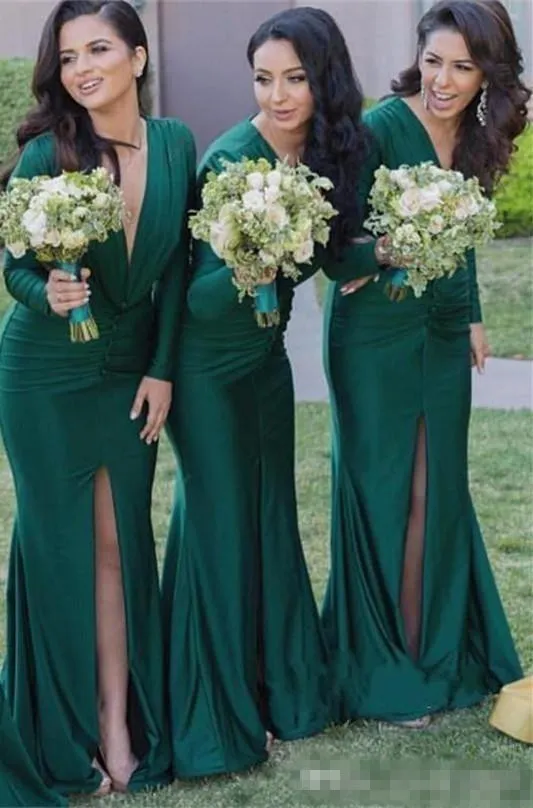 Verde do vintage sereia vestidos de dama de honra mangas compridas sexy decote em v profundo ruched frente fenda formal vestidos de noite vestido de convidado de casamento