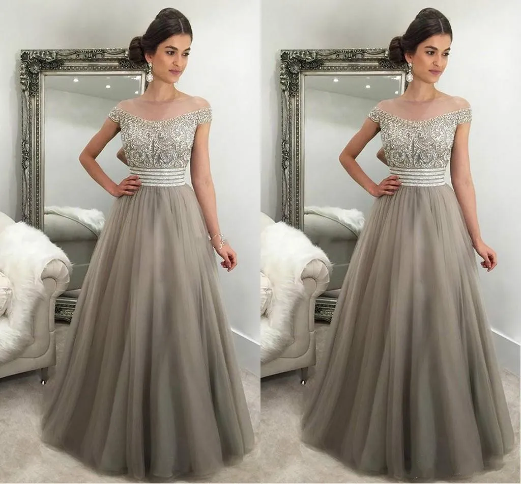 Trendy Arabic Beads Crystal Evening Dresses 2019 Tulle Plus Size A-Line Off Shoulder Formal Party Prom Dresses Pageant Gowns Robe De Soiree