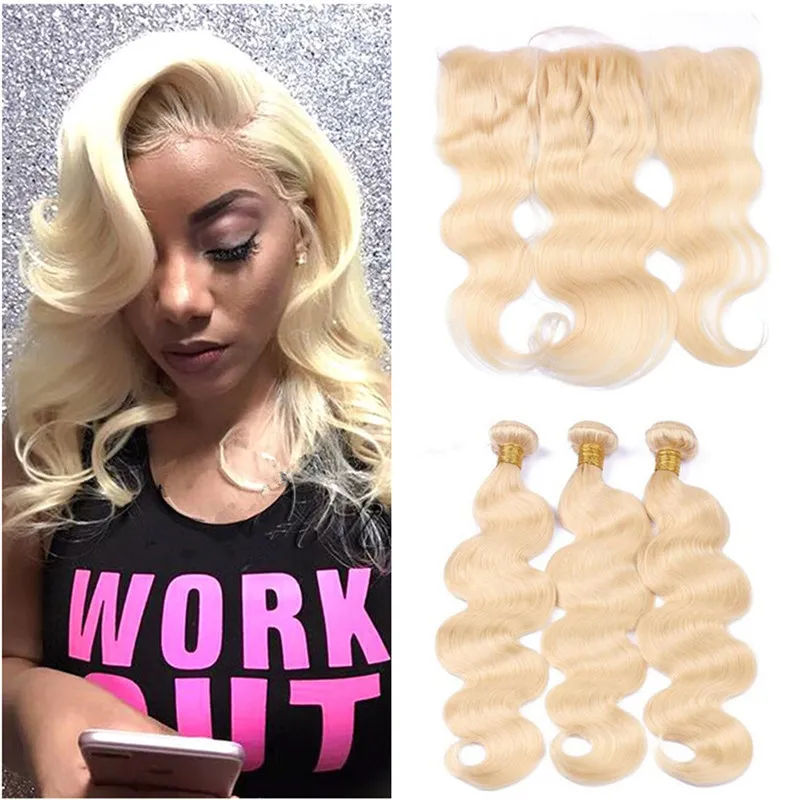 Blonde Body Wave Tissage de cheveux humains avec fermeture frontale en dentelle Cheveux vierges indiens crus 613 Bundles avec oreille à oreille en dentelle frontale