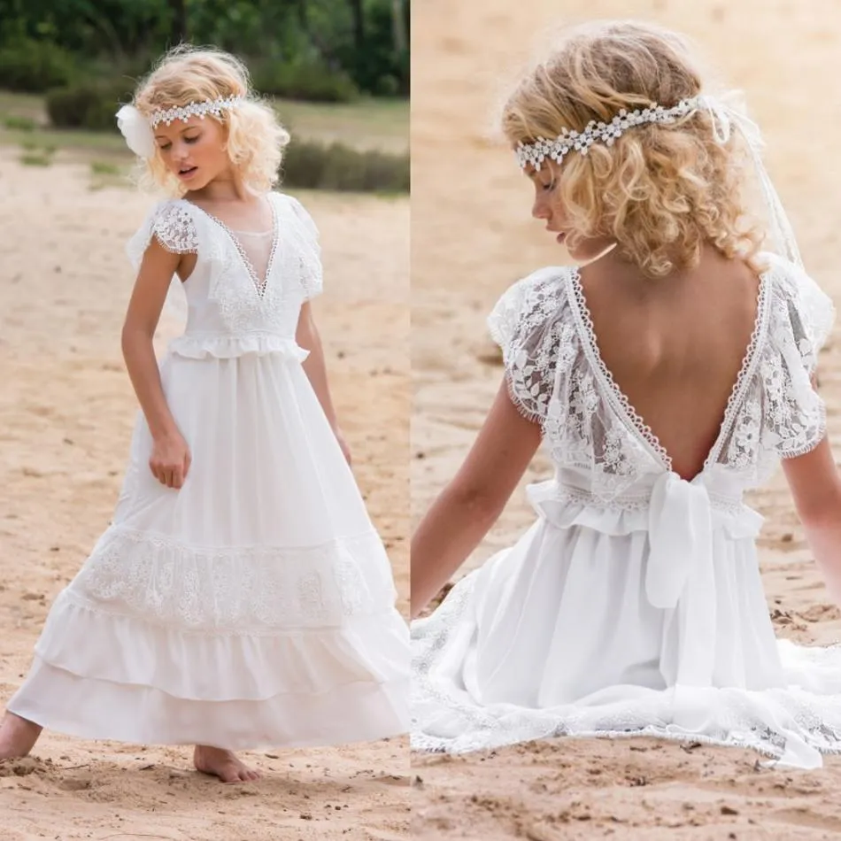 Białe Czeski Kwiat Girl Sukienki 2019 V Neck Koronki Kids Formalne Nosić Dziewczyny Korant Suknie Backless Appliqued Girl Dress