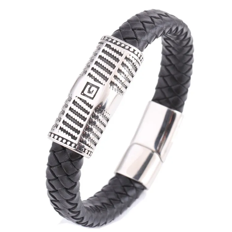 Mode Hommes En Acier Inoxydable 316L Rétro Noir En Cuir Véritable Chaîne À Maillons Franc-Maçon Maçon Symboles Maçonnique AG Emblème Bracelet Bracelet Bijoux En Gros