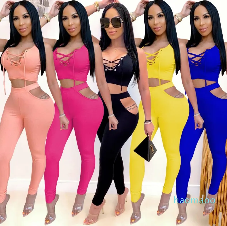 Hot sale-Women Tracksuits Two Pieces Sleeveless Long Pants Summer Sexy Vest Strap Desiger Outfits Sportswear Jogging Femme Clothing