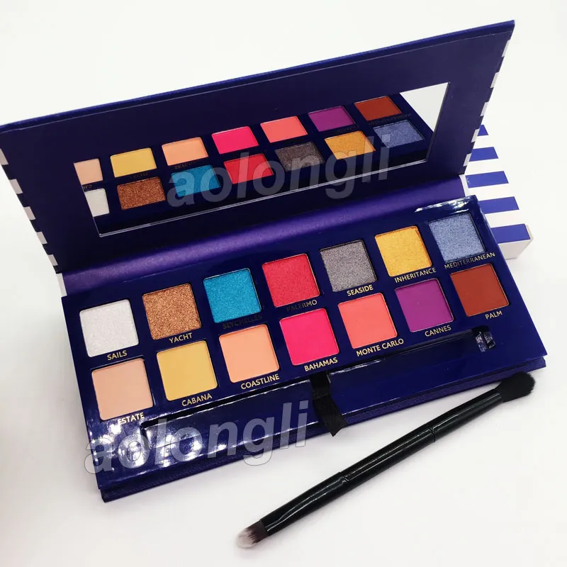 Nuevas llegadas Maquillaje Riviera paleta de sombras de ojos de 14 colores con pincel brillo de belleza paleta de sombras de ojos mate colinas envío rápido