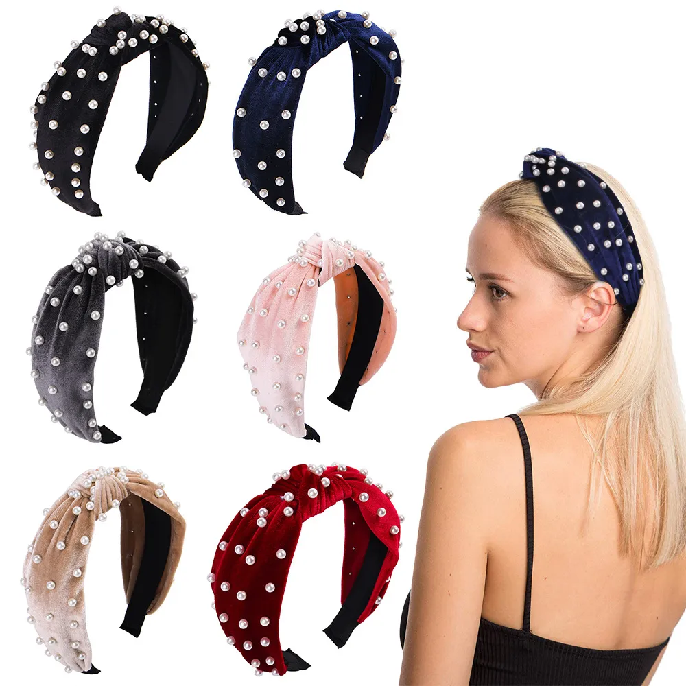 Pearl Knot Headbands Fashion Women Outdoor Velvet Hair Sticks Girls Travel Head Wrap Lady Party Hair Accessories TTA1566