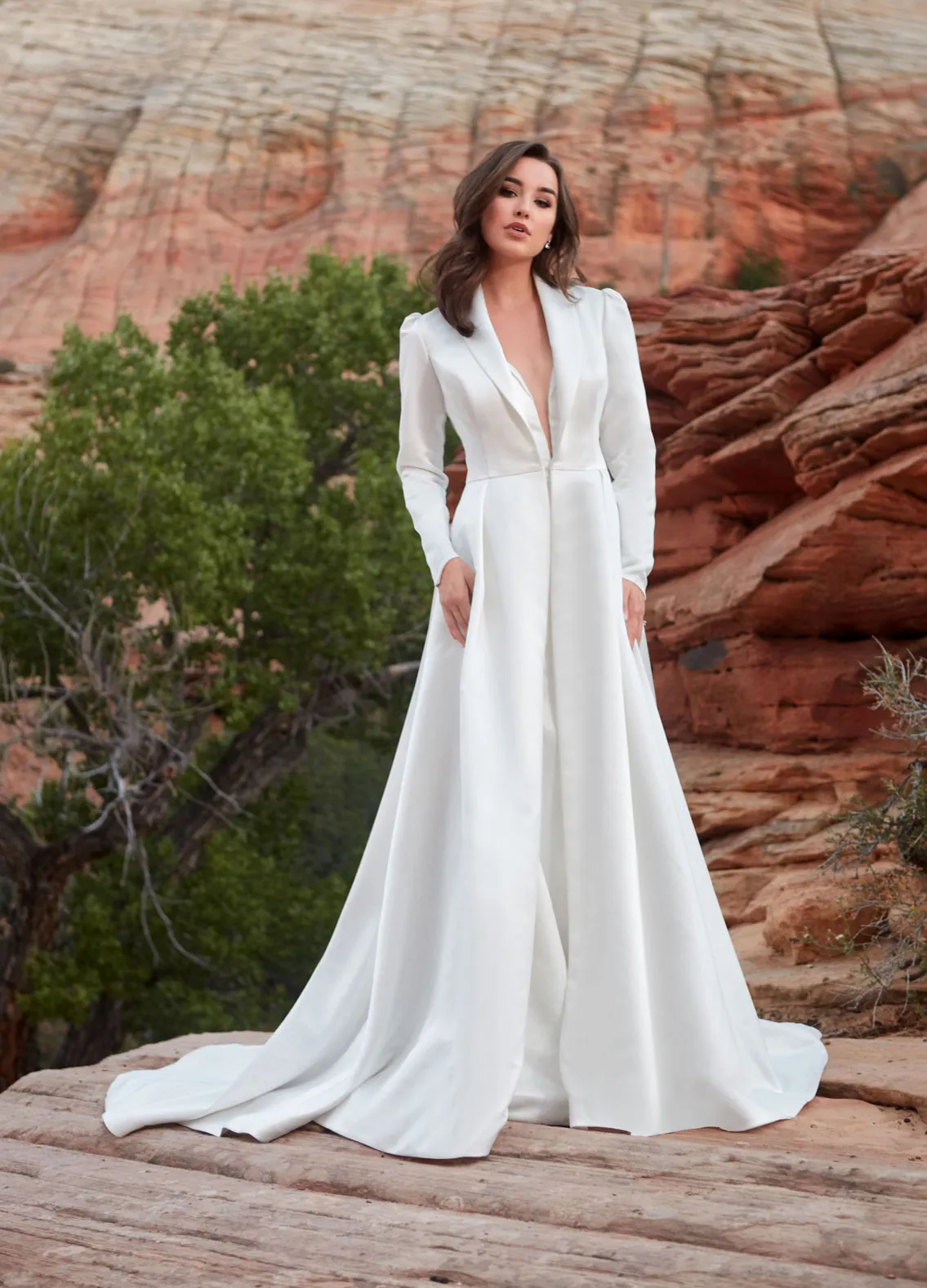 WELLINGTON Embroidered Long Sleeve Satin illusion plunge v-neck A-line  Wedding Dress