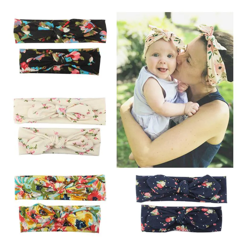 Mother Baby Floral Headbands Baby Girls Little Flower Printed Bow-tie Headband Suits Kids Designer Headwear Toddler Girls Hair Bands