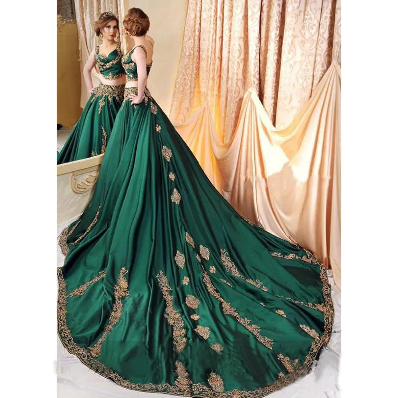 Indian Abaya Green 2 Piece Evening Dresses with Gold Lace Applique Prom Gowns Sexy Saudi Arabic Beaded Kaftan Dress Evening Wear