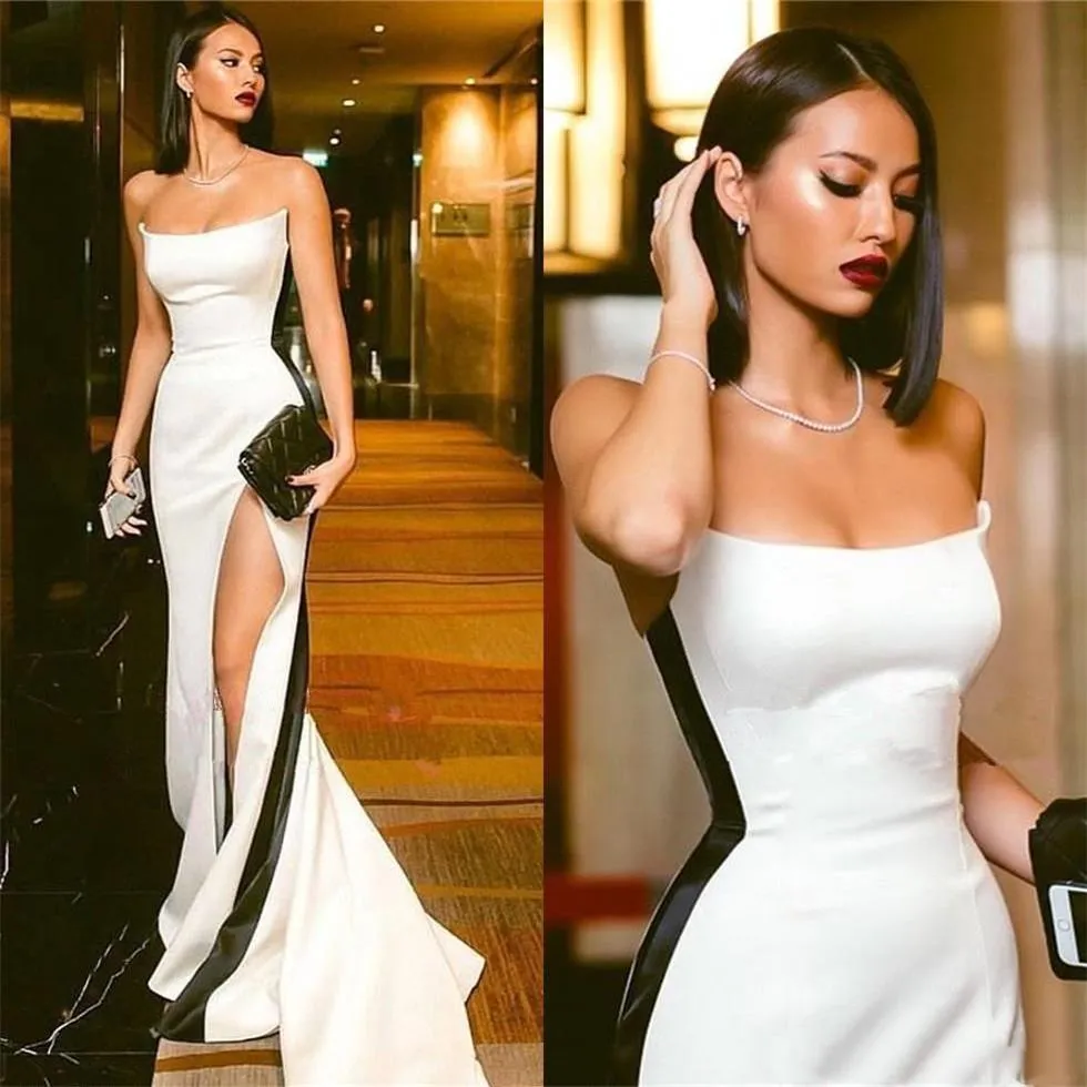 Svartvita sjöjungfrun kvällsklänningar 2019 Strapless High Slit Sexy Prom Gowns Plus Size Custom Made Robe de Soiree Billiga