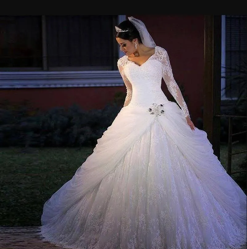 Chic A-Line 2019 Long Sleeve Wedding Dresses with V-Neck, Full Lace Applique, Detachable Skirt, 12Y Cathedral Train, and Long Sleeves - Perfect for
