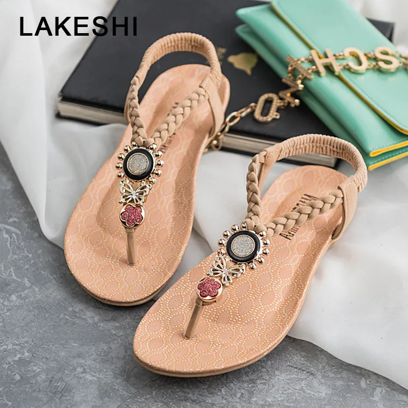 Lakeshi T-Strap Shoes女性サンダルサマーフラットサンダル2019ボヘミアンフリップフロップ女性靴ローマカジュアルビーチサンダルスリップオン