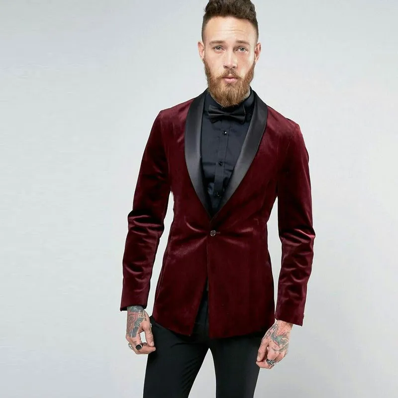 Burgundy Velvet Groom Tuxedo Smoking Jacket Men Suits For Wedding Suits ...