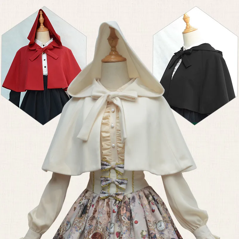 Japanese Inspired Style Vintage Princess Lovely Lolita Short Cloak Hooded Poncho Coat Sweet Ties Front Outwear Mini Jacket Cape Black Red