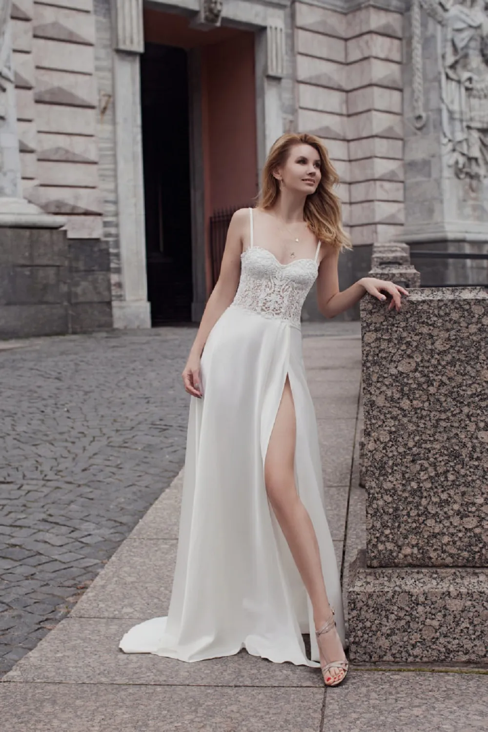 flowy beach wedding dresses Unique Floral Lace Chiffon Wedding Gown Flowy Beach Wedding Dress AWD1873