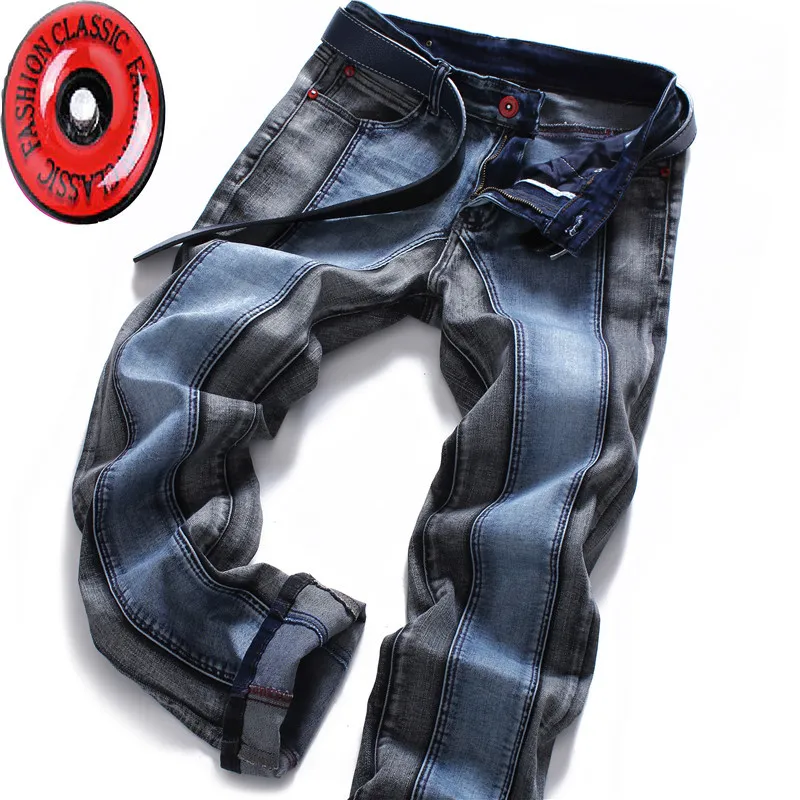 Mens Stripe denim jeans Casual Biker Slim rechte broek mannen blauwe splice jeans 38 40 plus maat