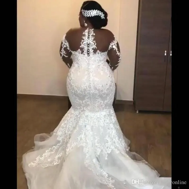 Elegant Sheer Neck Plus Size Lace Mermaid Wedding Dresses 2024