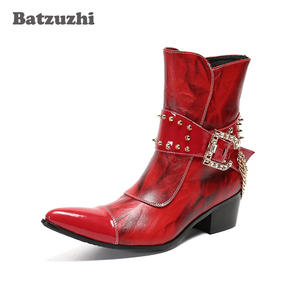 Batzuzhi Western Cowboy Boots Punk en cuir véritable bottines pour hommes fête et mariage rouge Punk Botas Hombre, grandes tailles US12