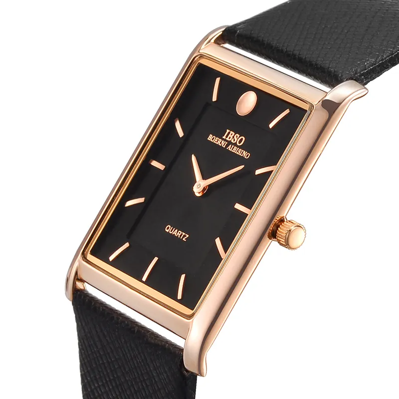 IBSO 7mm Ultra-Thin rectangle Dial Quartz Quartz Wristwatch noir Strap de cuir authentique Men Hommes Classic Business New Men Watches 2019 Y19062004