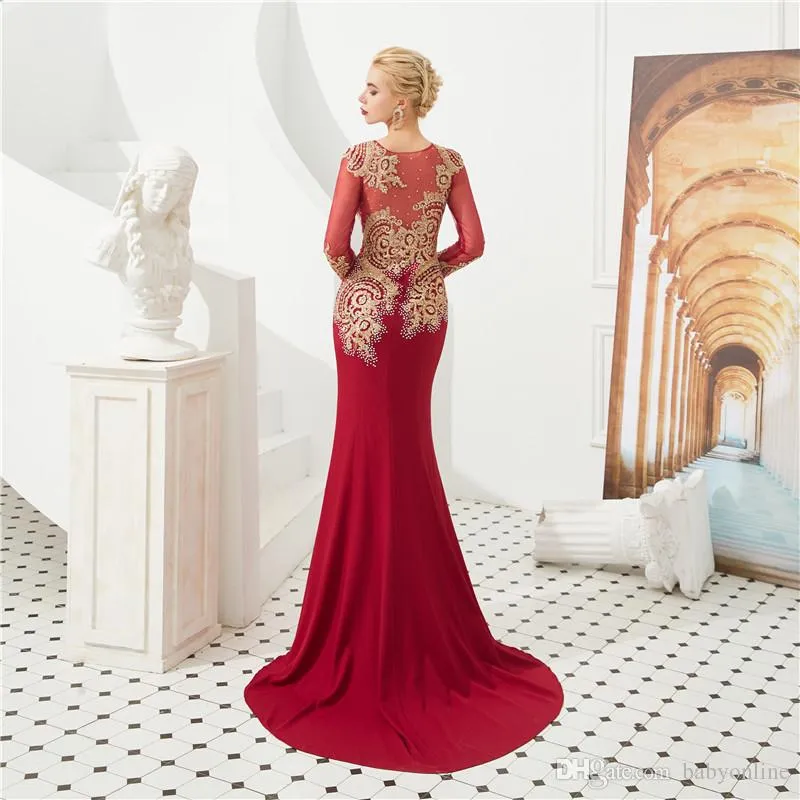 Red Mermaid Evening Dress with Gold Embroidery and Sheer Hollow Back, Long  Sleeve Prom Gown