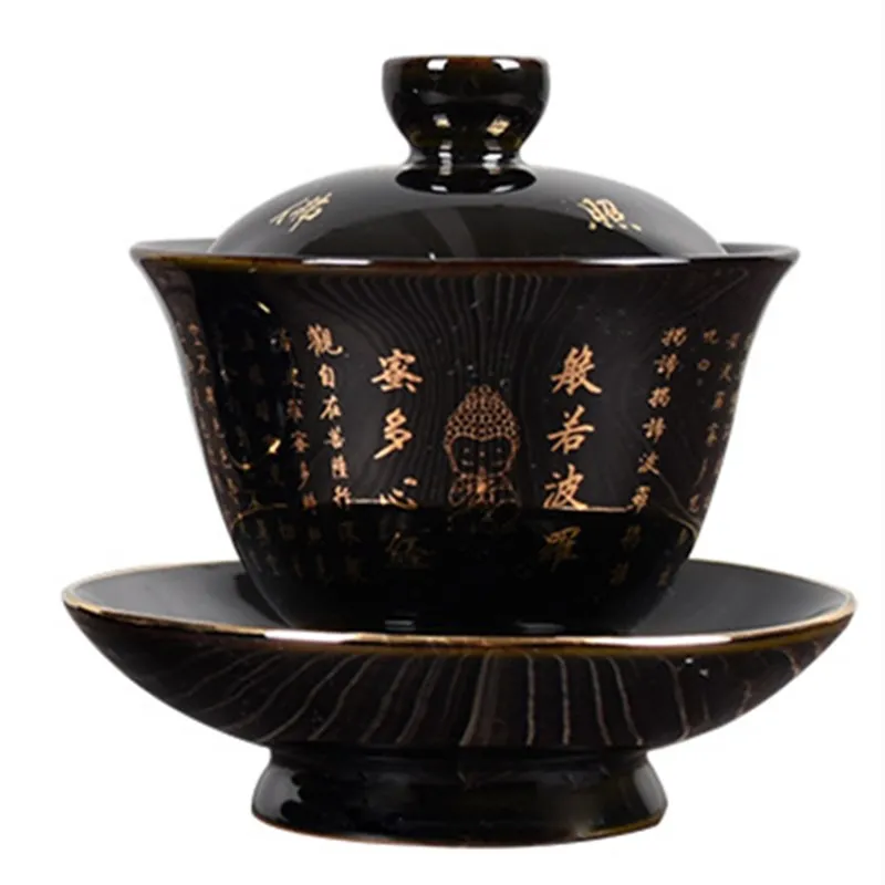 Ceramica Zen Gaiwan Buddha Smalto Porcellana Zuppiera da tè Colore blu e nero Creativo Vintage Kung Fu Ciotola Tazza e piattino187L