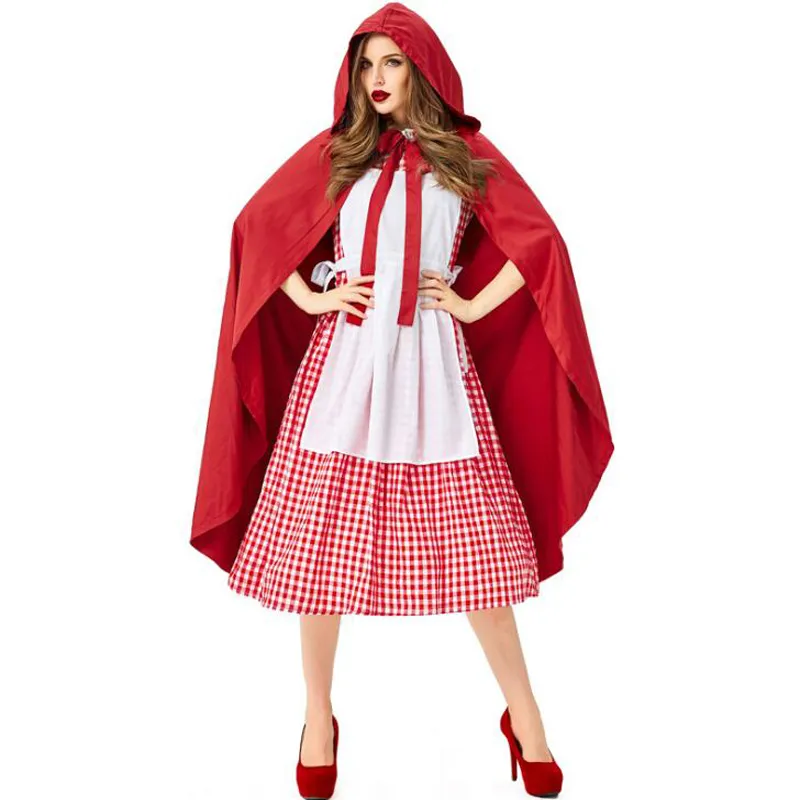 Red Hooded Kostuum Halloween Cosplay Meider Bier Meisje Uniform Mantel Plaid Jurk Prinses Stage Performance Fairy Tale Fancy Dress