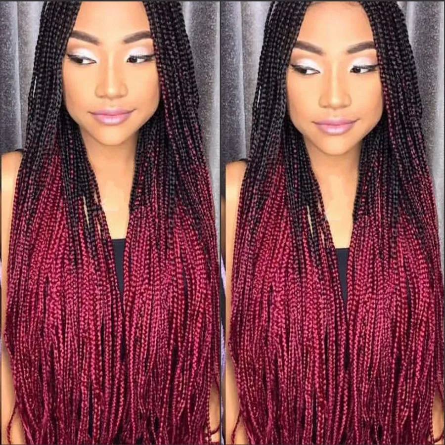 Synthetic Wigs Long Handmade Box Braids Wig Micro Braid Lace Front Wig Ombre Red Synthetic Braiding Hair Wig for Africa Black Women