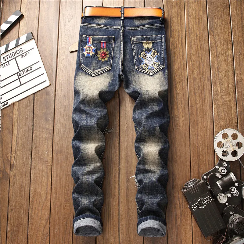 Mens Blue Denim Ripped broderi Jeans Male Slim Fit Skinny Pencil Pants Casual Pants Elastic Trousers2037