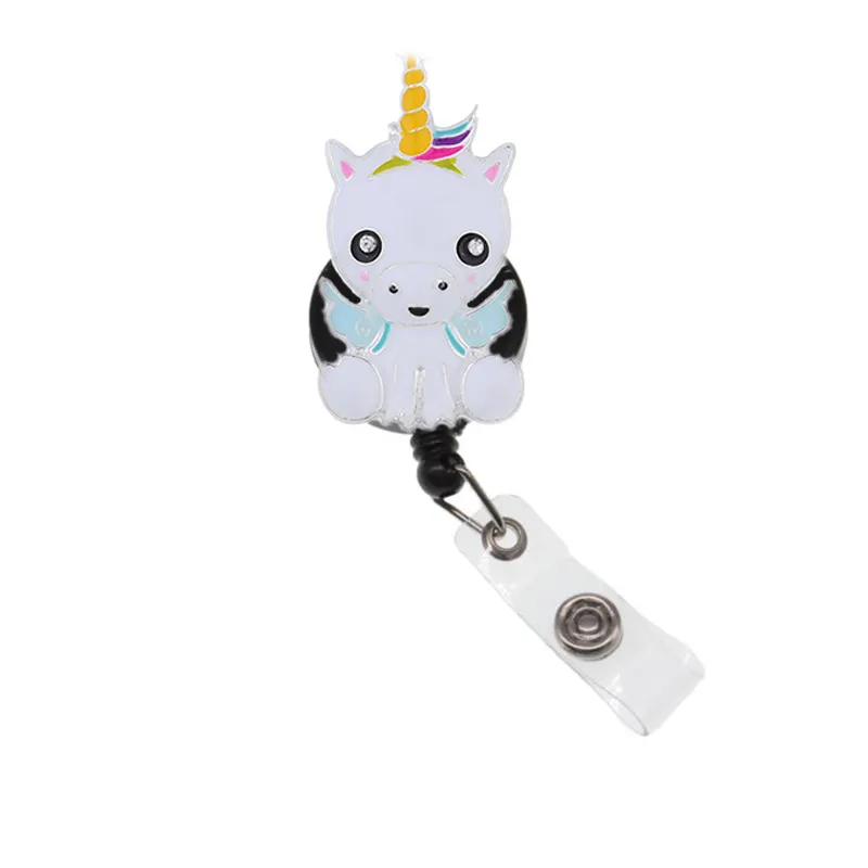 Partihandel tecknad emalj Unicorn Retractable Badge Reel Animal Horse ID Namn Kort Badgehållare för student / sjuksköterska / barns gåvor