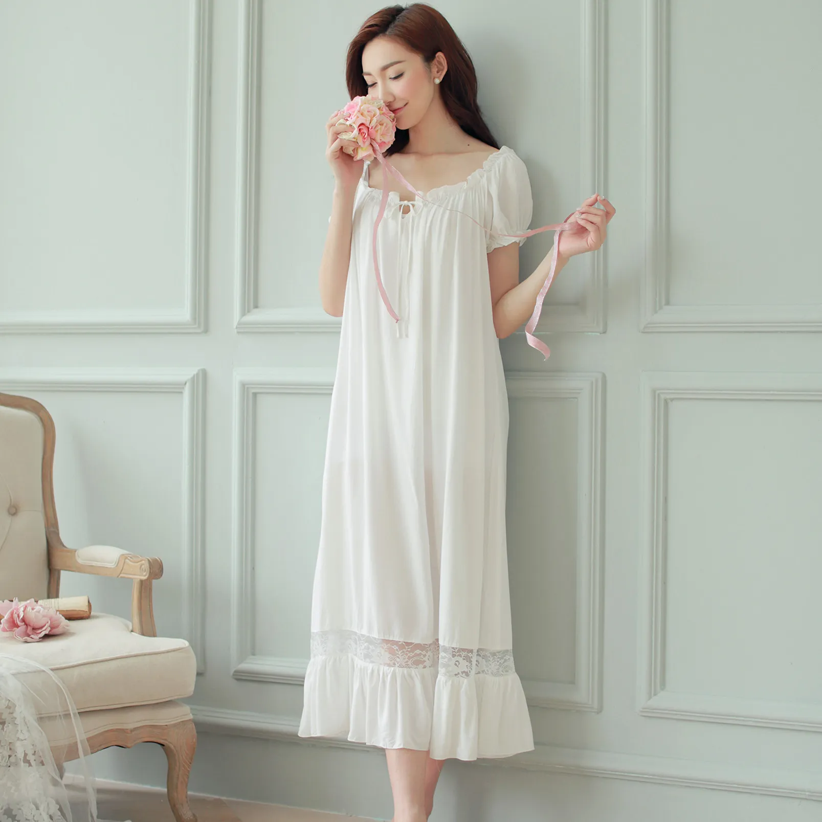 Vestido De Noche Largo Camisón Blanco De Las Mujeres Camisones De Algodón De Manga Corta Sexy Ropa De Dormir Vestido Vintage Ropa De Dormir Camisón S703 De 21,07 € | DHgate