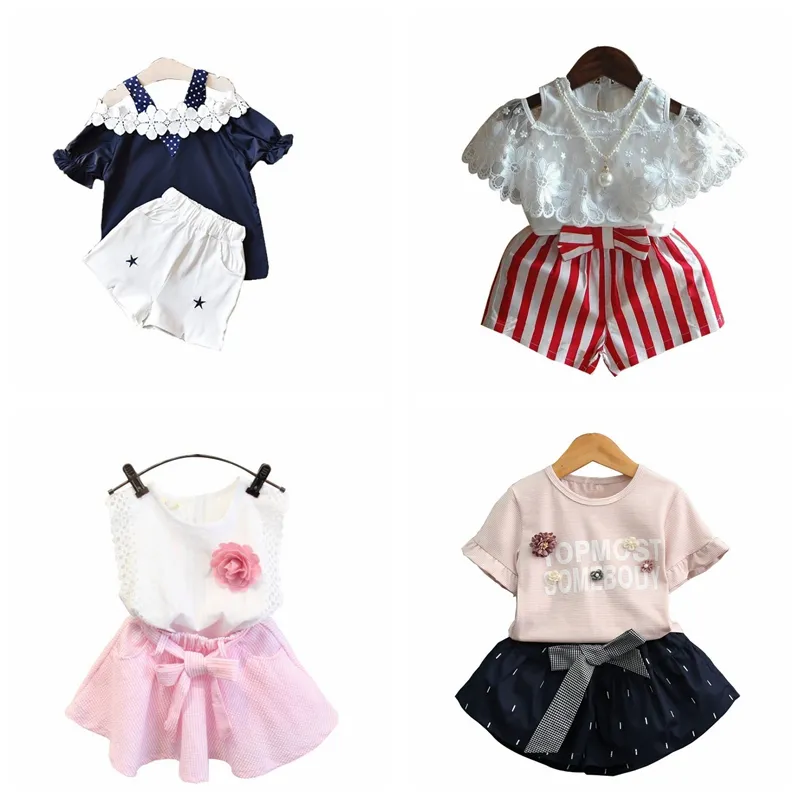 6 different design baby girls summer boutiques outfits lace flower tops+shorts or skirts 2pcs set girl fashion suit with pearl chiffon