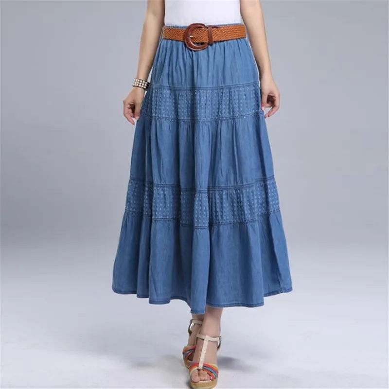 Women Summer Denim Skirts High Waist Plus Size Long Skirt Vintage Solid Color A-Line Jean Skirt With Belt 2019 Spring A5390 V191130