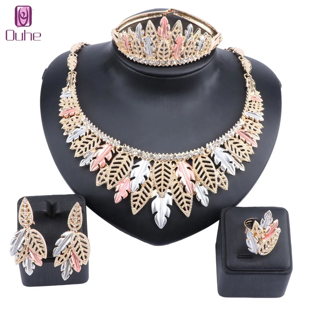 Luxe Nigeriaanse Vrouwen Bruiloft Sieraden Sets Chunky Ketting Oorbellen Bangle Ring Bruids Dubai Gouden Sieraden Set