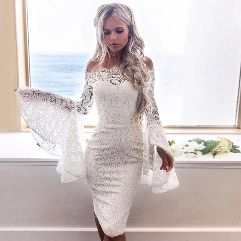 Sheath Off-the-Shoulder Homecoming Dresses 2019 Bell Sleeves Knee-Length White Lace Hoco Prom Cocktail Formal Party Dress