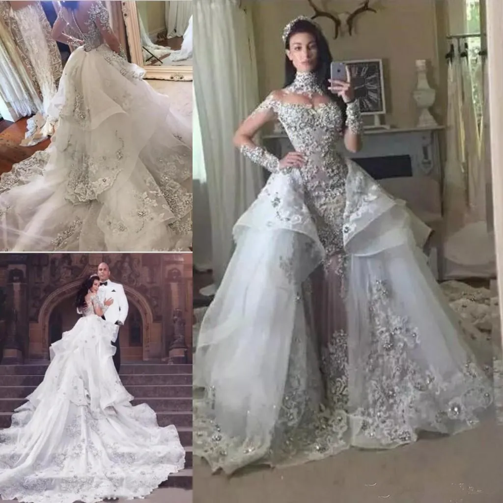 Luxury Crystal Overskirt Wedding Dresses High Collar Lace Applique Beaded Tiered Organza Chapel Train Wedding Gown Vestido de novi183y