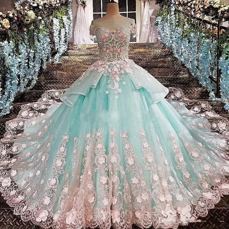 2019 New Mint Green Ball Gown Quinceanera Dresses Jewel Short Sleeve Pink Appliques vestidos de 15 anos Prom Party Gowns For Sweet 15