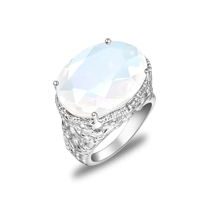 Groothandel 12 stks / partij LuckyShine Oval Fire Wit Maansteen edelsteen ringen zilveren bruiloften sieraden Valentijnsdag geschenk ring voor vrouw 10 * 16mm