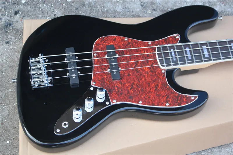 Factory Custom Black Electric Bass Guitar with Red Tortoise Shell Pickguard,Rosewood Fingerboard,Can be Customized