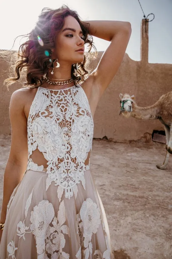 Boho Lace Halter Beach Wedding bohemian Wedding dress with Backless Design and Applique Detailing Boho Lace Halter Beach Wedding bohemian Wedding dress with Backless Design and Applique Detailing