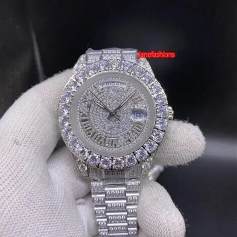 Montres automatiques pour hommes, argent, diamant, Double calendrier, Date, serti de griffes, lunette en diamant, montre tendance pour hommes