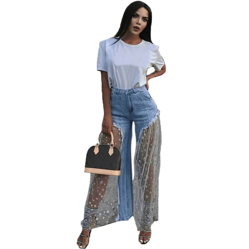 Lace Mesh Spliced ​​Denim Byxor Kvinnor Casual Star Print Sexig Burr Perspektiv Långa Kvinnor Jean Elegant Outwear Lösa Byxor