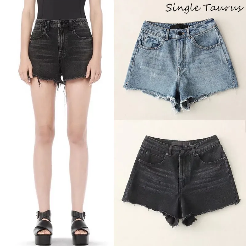 Cintura Alta Negro Pantalones Vaqueros Azules Pantalones Cortos De