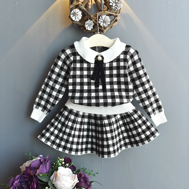 Neue Baby Mädchen Pullover Set 2019 Neue Mode Herbst Winter Mädchen Outfits Kinder Plaid Stricken Top + Röcke 2 stücke Sets Kleidung 2 Farben