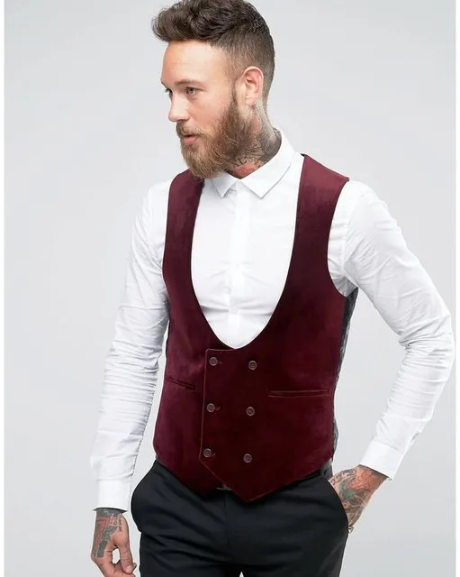 New Design Burgundy Wine Red Velvet Vest Double Breasted Wedding Suits Waistcoat Formal Tuxedo Party Prom Suit Vest Gilet Colete