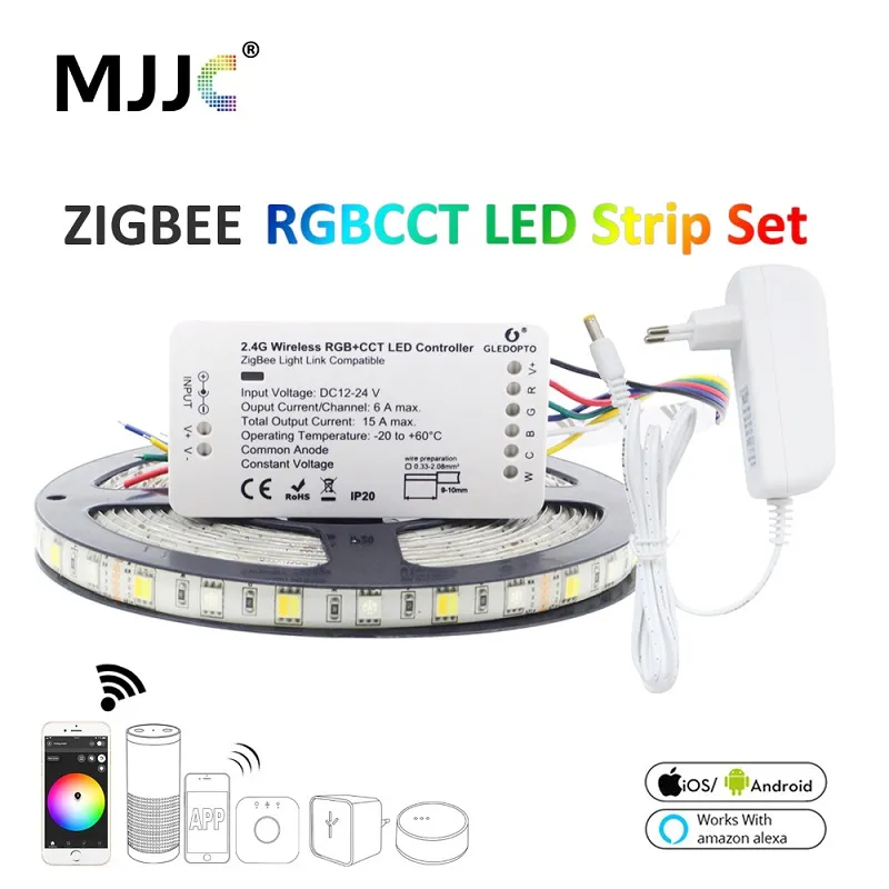 Zigbee RGBCCT LED Strip Light Smart Waterproof SMD 5050 12V 5M LED Stripe Tape Ribbon ZLL Link Controller Work with Alexa Echo