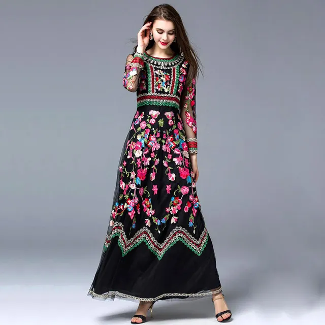 Long Sleeve Crew Neck Embroidered Cotton Blend Maxi Dress Floor-Length  A-Line for Autumn from Dhgate Runway Dresses - price 85.43