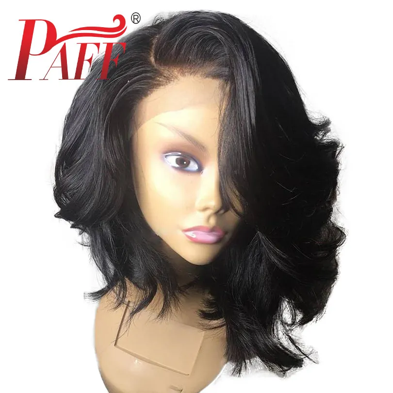 PAFF Side Deep Part 13*6 Lace Front Human Hair Short Bob Wigs Transparent Lace Wavy Blunt Cut Indian Remy Preplucked Closure Wig